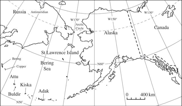 Map of islands of the Bering strait where Hydrodamalis gigas remains have been found. Image from Crerar et al.