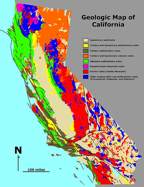 A simple geological map of California. The different colours highlight the different rock types. (Image from USGS, Public Domain).