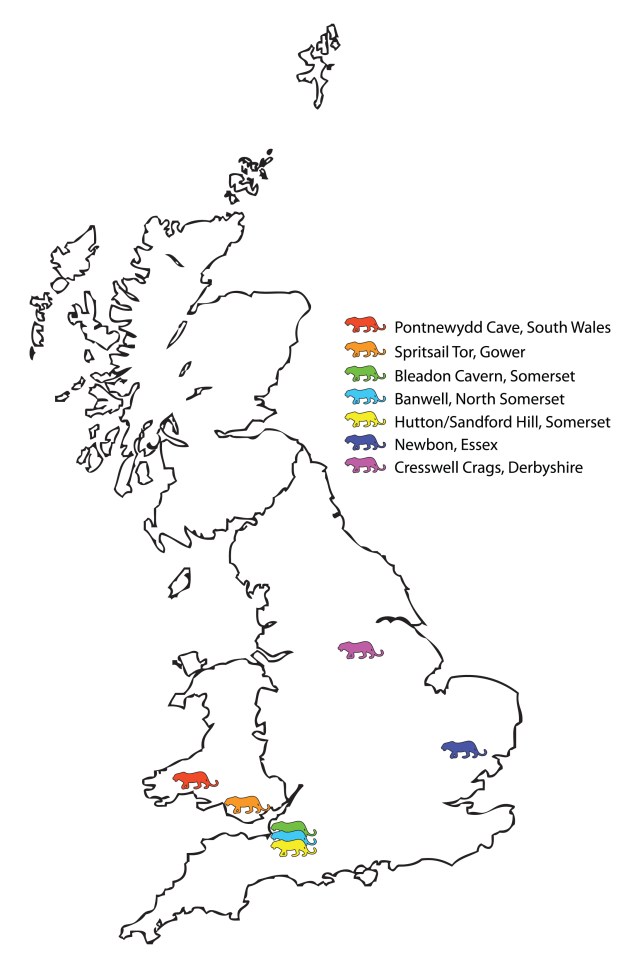 The distribrution of recorded Late Pleistocene leopard specimens from Britain. (Image from Freedman & Evans, 2015)