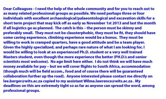 Rising Star Expedition Facebook ad posted on social media by Lee Berger around October 7 2013. (Credit: Facebook, Lee R. Berger)