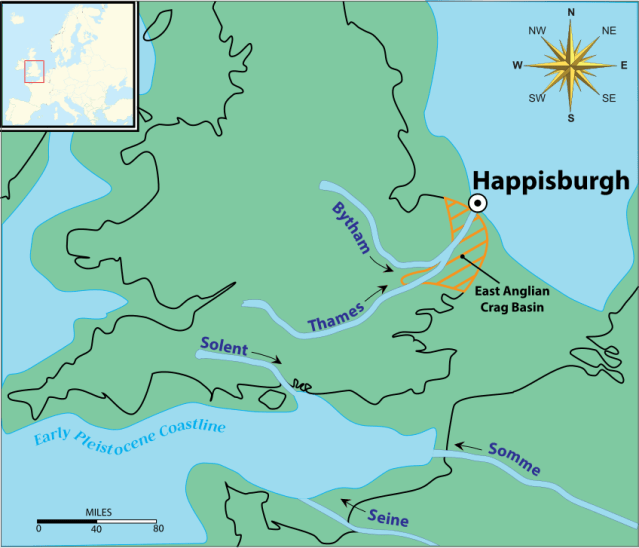 Around 800,000 years agoBritain was joined to mainland Europe. Happisburgh lay at the end of the ancient River Thames (which lay much more north than today). (Image by Wiki User, Phil88, Public Domain)